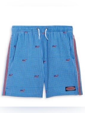 Vineyard Vines Blue Gingham Swim Trunks with Red Whale Embroidery
